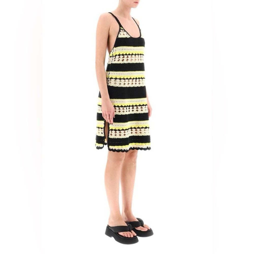 Ganni Black, Yellow & Cream Crocheted Stripe Mini Dress